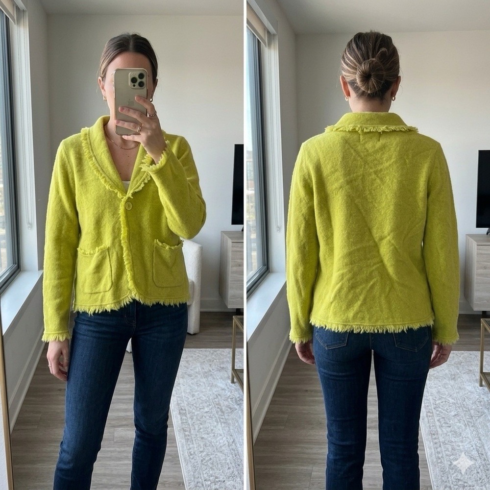 VTG Nouveaux 100% Wool Cardigan Sweater L Chartreuse Lime Green Fringe Y2K Boho